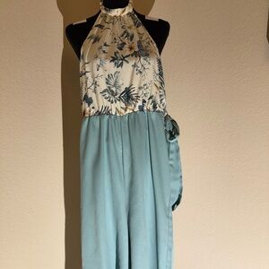 Backless Floral Halter Jumpsuit in Blue and Cream